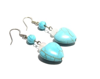 Turquoise and Rose Quartz Stone Earrings, Women, Teen, Heart Shape, Ready To Ship,