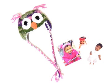 Baby Owl Hat, Crochet, Girl, Ear Flap, Children, Newborn, Pink, Multicolor,