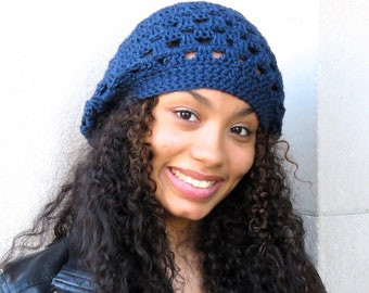 Crochet Slouchy Hat, Women, Men, Teen, Navy Blue, Tam,,