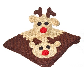 Crochet Baby Blanket, Hat Set, Newborn, Reindeer, Beige, Brown, Baby Shower,