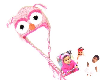 Baby Owl Hat, Crochet, Ear Flap, Pink, Newborn, Girl, Children,,