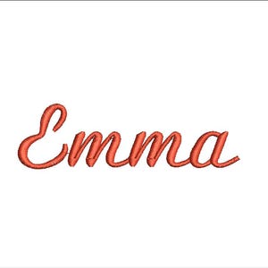 May include: Embroidered name "Emma" in a cursive script, rendered in a warm, reddish-orange thread against a white background. The letters are connected, creating a flowing, elegant design.
