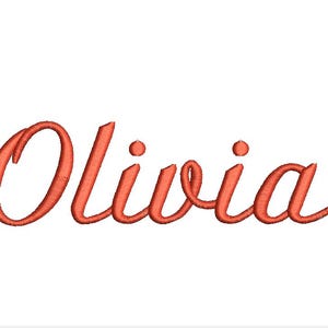 May include: Embroidered name "Olivia" in a cursive script, rendered in a warm coral color. The design is set against a clean white background, highlighting the elegant lettering. Ideal for personalized items.