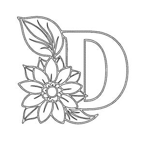 Op de afbeelding: Zwart-wit bloemenontwerp van de letter D. De letter D is omlijnd met een bloemenontwerp, inclusief een bloem en bladeren. Het ontwerp is geschikt voor knutselen, borduren of kleuren.