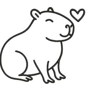 Könnte beinhalten: Schwarz-weiße Illustration eines lächelnden Capybaras mit einem Herz über dem Kopf. Das Capybara hat die Augen geschlossen. Das Bild befindet sich auf weißem Hintergrund.