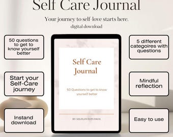 May include: A digital download self-care journal with the title "Self Care Journal". The journal includes 50 questions to get to know yourself better, mindful reflection, and is easy to use. The journal is available for instant download.