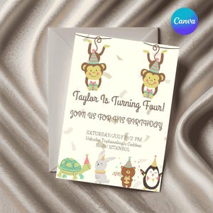 Faire-part d'anniversaire animal pour garçons avec singe, tortue, lapin et ours, modèle de fête jungle modifiable, carte d'invitation imprimable pour enfants
