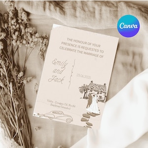 Beige Hochzeitseinladung - Braut- und Bräutigam-Illustration, bearbeitbare Canva-Vorlage, romantische druckbare Hochzeitskarte, rustikaler Stil einladen