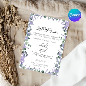 Lila florale muslimische Hochzeitseinladung, bearbeitbare islamische Nikah Canva Vorlage, elegante arabische Heiratskarte, digitale Moschee Zeremonie einladen