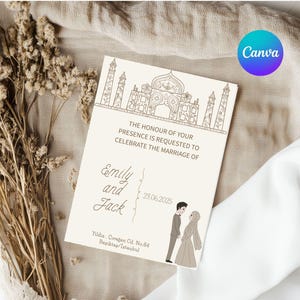 Beige Islamische Hochzeitseinladung, Bearbeitbare Moschee Nikah Canva Vorlage, Ehekarte für muslimische Paare, Arabische Kalligraphie Digitale Einladung