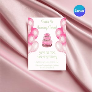Pink Glitter Birthday Invitation for Girls,Balloon and Cake Party Invite,Sparkly Girls Birthday Party Template