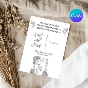Invitación de boda en blanco y negro con ceremonia de novios, plantilla de boda minimalista editable en Canva, tarjeta de boda elegante imprimible