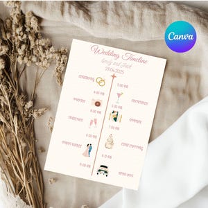 Plantilla editable de invitación de boda en color rosa con cronograma, tarjeta con horario de ceremonia y cena, itinerario de boda imprimible en Canva.