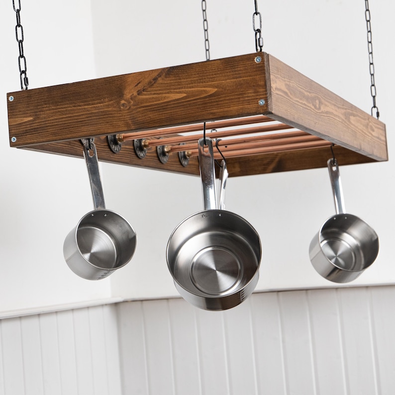 Farmhouse Pot Rack Ceiling Ladder Pot Rack Wood & Copper Hanging Pot ...