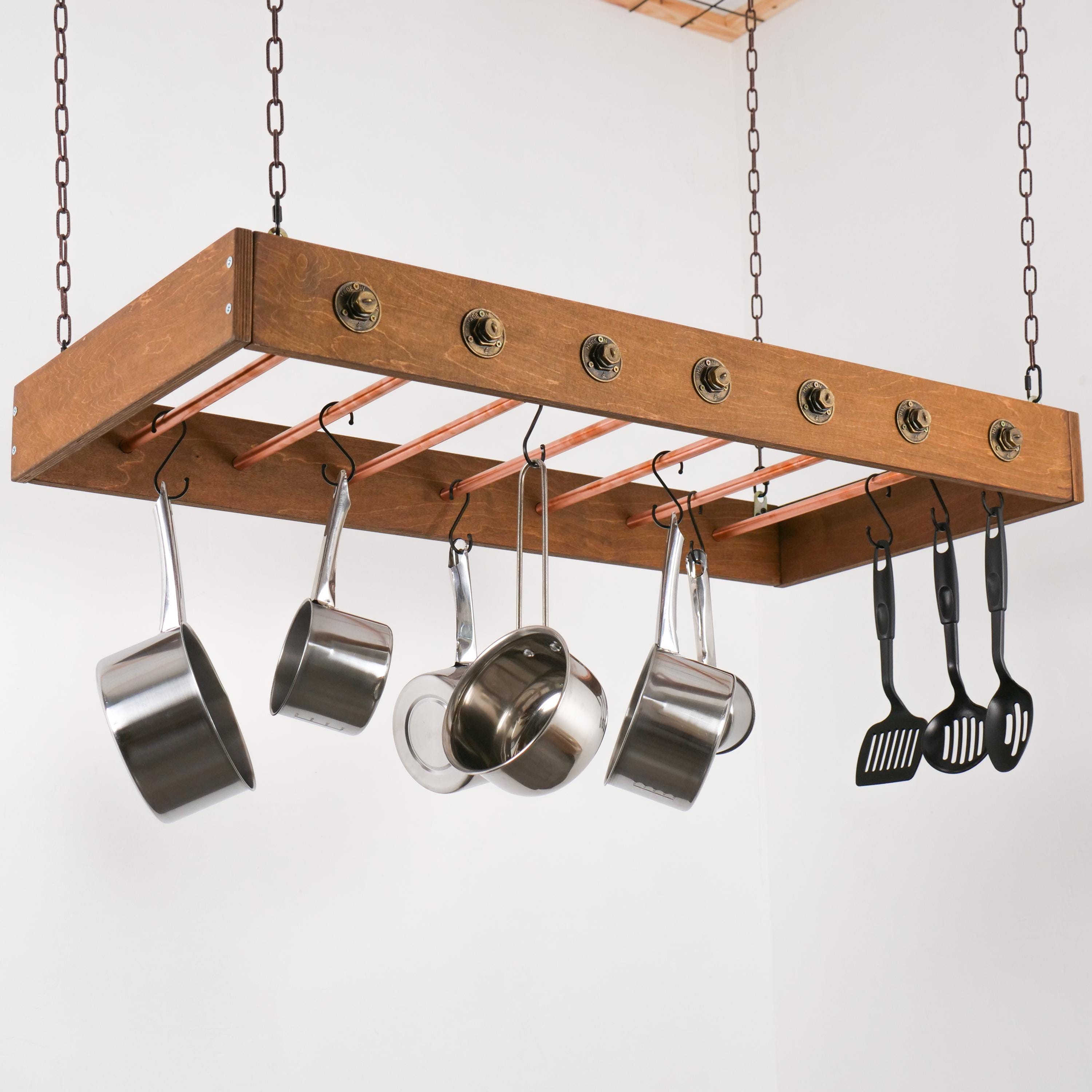 Farmhouse Pot Rack Ceiling Ladder Pot Rack Wood & Copper Hanging Pot