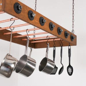 Farmhouse Pot Rack Ceiling Ladder Pot Rack Wood & Copper Hanging Pot Rack