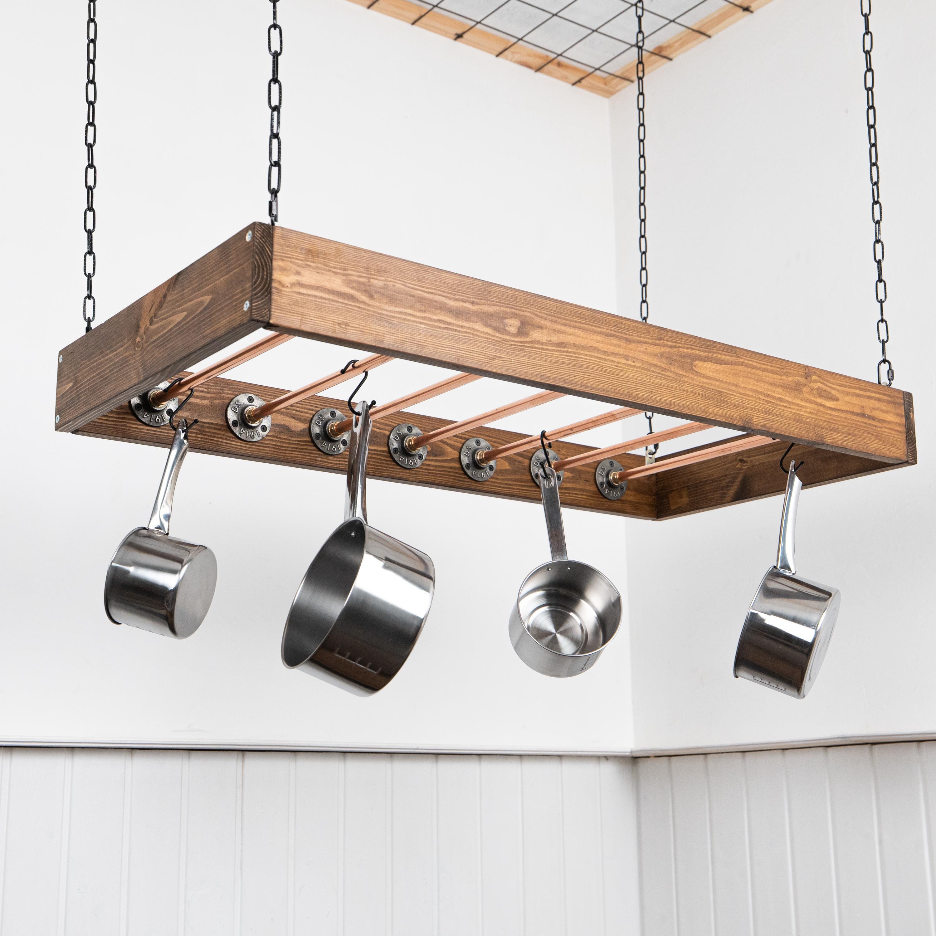 Farmhouse Pot Rack Ceiling Ladder Pot Rack Wood & Copper Hanging Pot ...