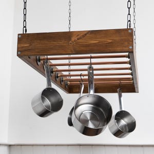 Farmhouse Pot Rack Ceiling Ladder Pot Rack Wood & Copper Hanging Pot ...