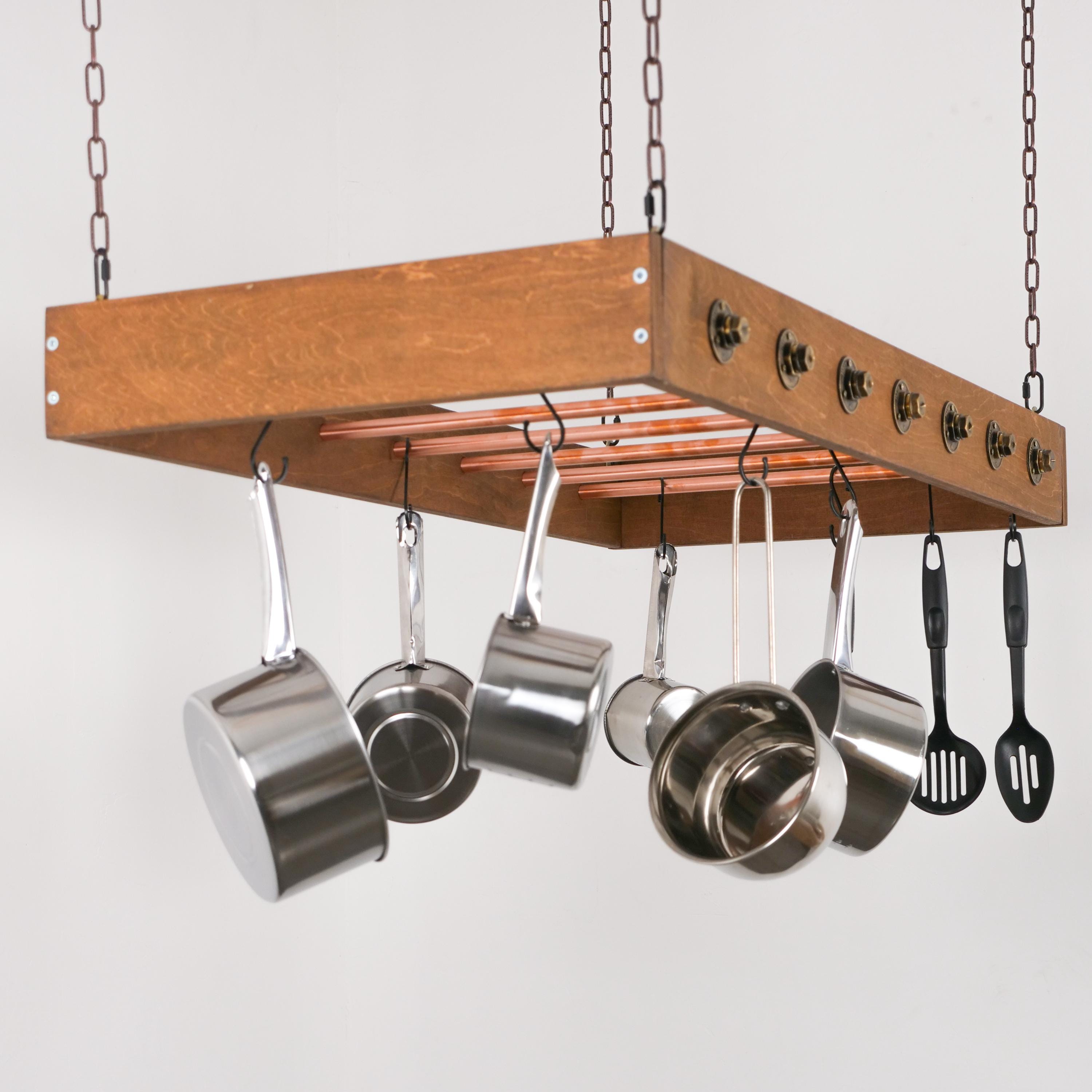 Farmhouse Pot Rack Ceiling Ladder Pot Rack Wood & Copper Hanging Pot ...
