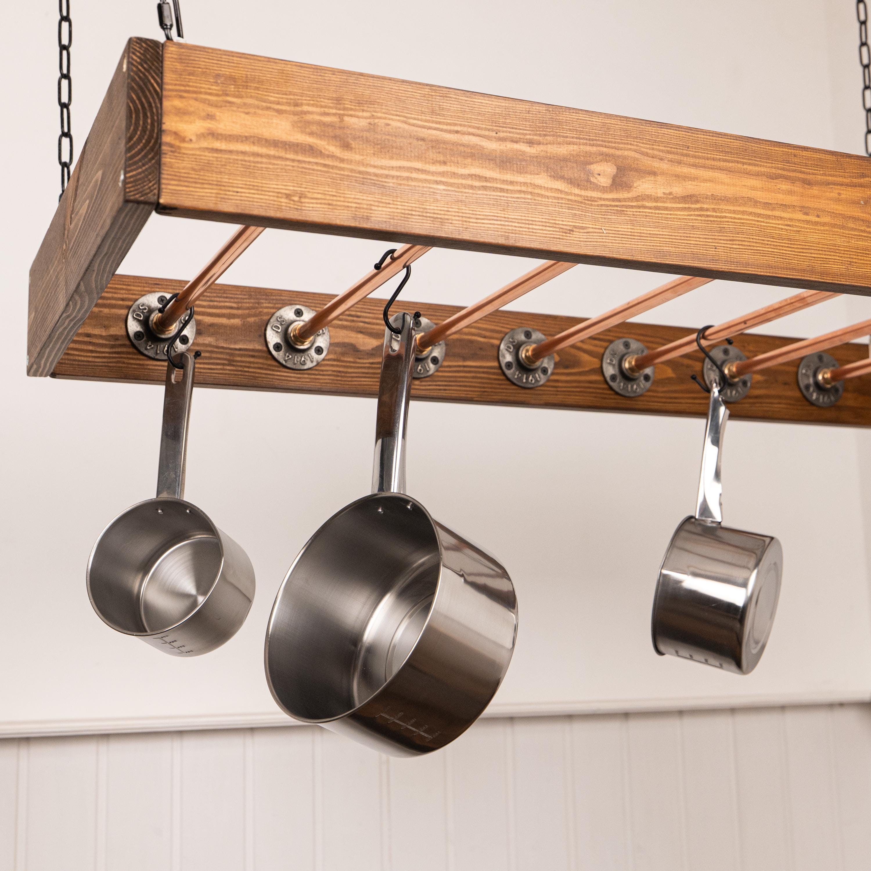 Farmhouse Pot Rack Ceiling Ladder Pot Rack Wood & Copper Hanging Pot ...