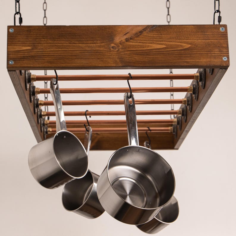 Farmhouse Pot Rack Ceiling Ladder Pot Rack Wood & Copper Hanging Pot ...