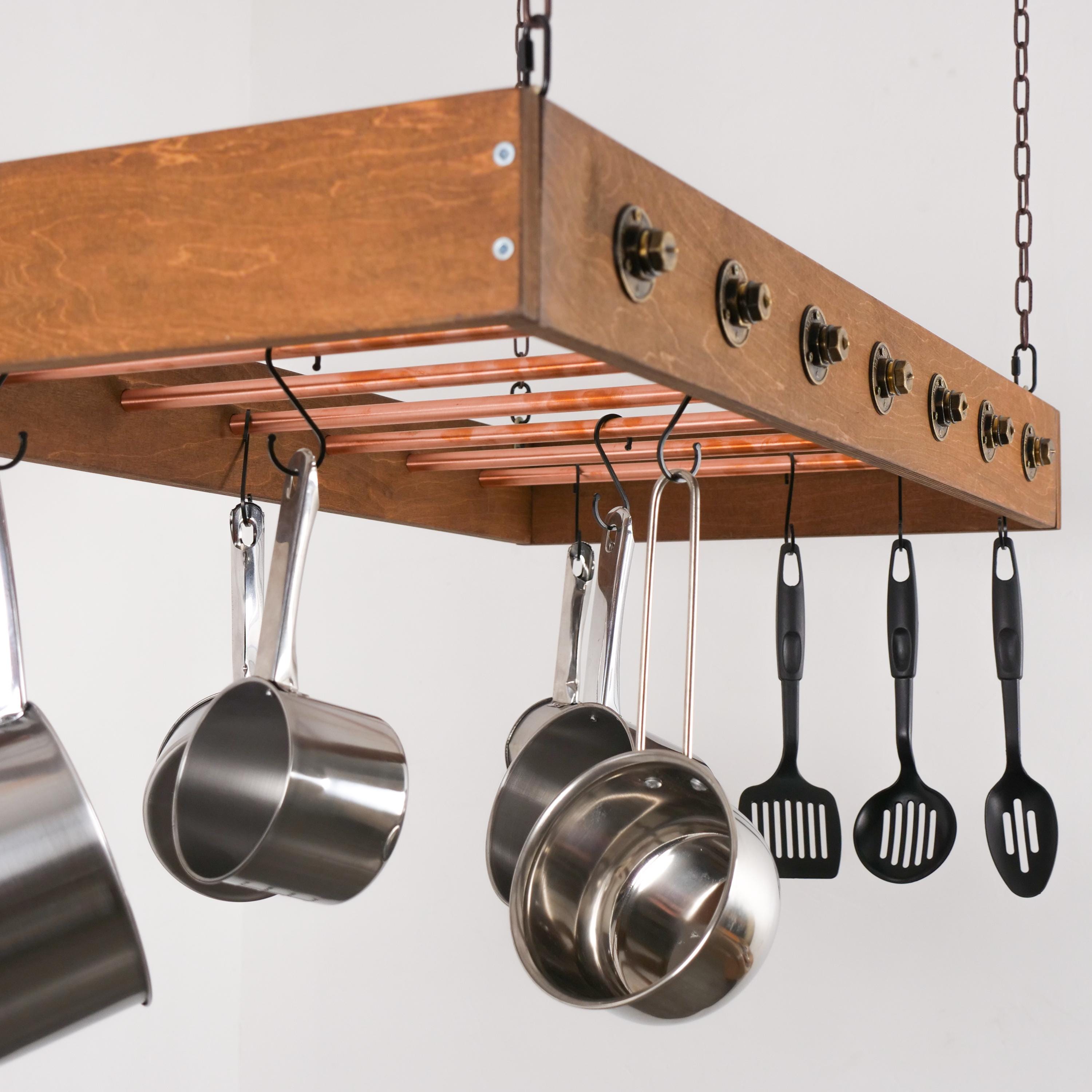 Farmhouse Pot Rack Ceiling Ladder Pot Rack Wood & Copper Hanging Pot