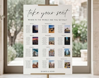 Travel Theme Wedding Seating Chart Template, Destination Wedding Find Your Seat Sign, Editable Canva Seating Plan, Elegant City Table Names