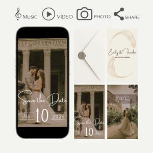 Puede incluir: Una pantalla de teléfono inteligente muestra una foto de boda en sepia con el texto "Save the Date" y la fecha 10 de agosto de 2025. También se muestran diseños de invitaciones de boda adicionales, incluido uno con los nombres "Emily & Frankie".