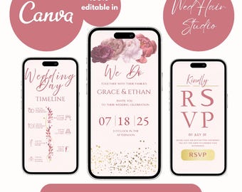 May include: A digital wedding invitation design displayed on three smartphones. The design features floral accents, event details, and an RSVP section. The text includes "We Do," "Wedding Day Timeline," and "RSVP."