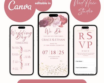 May include: Digital wedding invitation design displayed on three smartphones. The design includes a timeline, invitation details, and an RSVP form. The color scheme is soft pink with floral accents and gold confetti.
