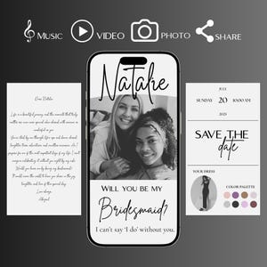 May include: A digital invitation for a bridesmaid, featuring a black and white photo of two women. The invitation includes text that reads "Natalie", "Will you be my Bridesmaid?" and "Save the Date". The color palette includes shades of gray, pink, and purple.