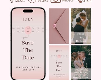 May include: A digital wedding invitation design featuring a smartphone displaying a "Save the Date" message for July. The design includes a calendar, address, and images of a couple. Additional elements include a pink envelope and icons.