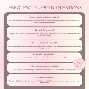May include: A frequently asked questions graphic with a soft pink gradient background and dark brown rounded rectangular panels. The text addresses digital downloads, Canva editing, account requirements, customization options, support, and refund policies.
