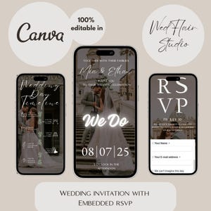 Könnte beinhalten: Digitales Hochzeitskarten-Template, das auf drei Smartphones angezeigt wird. Das Design umfasst einen Hochzeits-Tagesablauf, eine zentrale Einladung mit dem Text "We Do" und ein RSVP-Formular. Das Design ist in Canva editierbar.