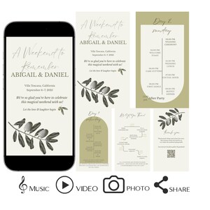 May include: A digital wedding invitation suite displayed on a smartphone and several cards. The design features olive branch illustrations and text that reads "A Weekend to Remember" with the names Abigail & Daniel and event details.