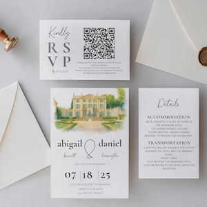 May include: Wedding invitation suite featuring a watercolor illustration of a stately building. Includes RSVP card with QR code, details card, and invitation with names and date. Envelopes sealed with wax stamps.