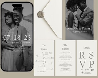 May include: A wedding invitation suite in grayscale, featuring a photo of a couple, event details, and RSVP information. The invitation includes the names Abigail & Daniel, the date, time, and location.
