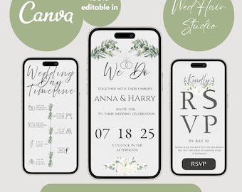 Può includere: Un design di invito di nozze digitale visualizzato su tre smartphone. Il telefono centrale presenta il testo "We Do" e i dettagli del matrimonio. Gli altri telefoni mostrano una sequenza temporale del giorno del matrimonio e informazioni RSVP. Il design include accenti floreali.
