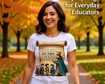May include: A white short-sleeved t-shirt featuring a graphic of a scroll with the text "EDUCATOR OF TINY LEGENDS" above an illustration of a crowned figure reading to four small children dressed in medieval-style fantasy clothing.