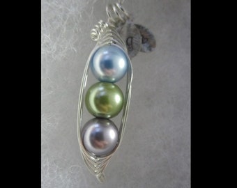 Custom Birth Stone Three Sweet Peas in a Pod  Pea Pod Necklace (2, 3, or 4 peas- pick your color)