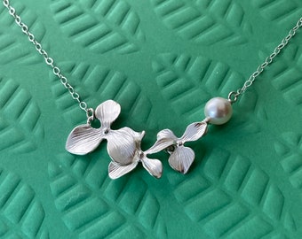 Creeping Orchid  Necklace with White Freshwater Pearl or any colored Swarovski Pearl