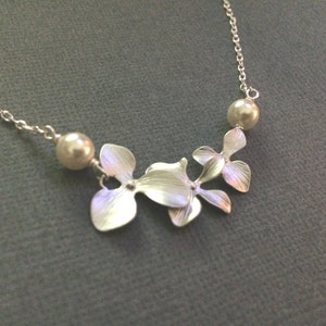 Creeping Orchid  Necklace with White Freshwater Pearl or any colored Swarovski Pearl