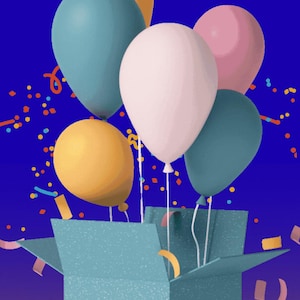 Op de afbeelding: Een blauwe geschenkdoos met verschillende kleurrijke ballonnen die eruit drijven. De ballonnen zijn geel, blauwgroen, roze en wit. Confetti en slingers zijn rond de doos verspreid, wat een feestelijke scène creëert.