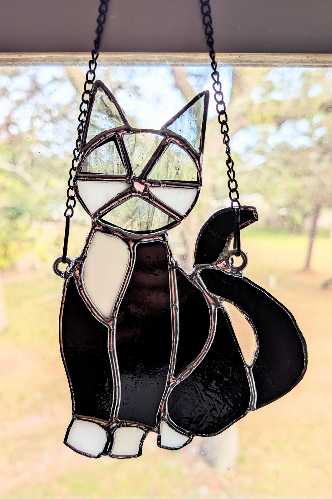 Stained Glass Tuxedo Black Cat Ornament: Handmade Art Deco Suncatcher ...