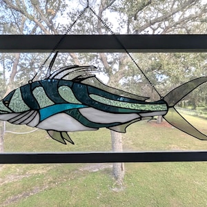 Stained Glass Pacific Rooster Fish Suncatcher, Coastal Fishing Home Decor, Saltwater Sportfish Wall Decor, 20W x 9H