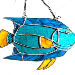 Handcrafted Stained Glass Queen Angelfish Suncatcher, Blue Yellow Reef Fish Art (11W x 7H)