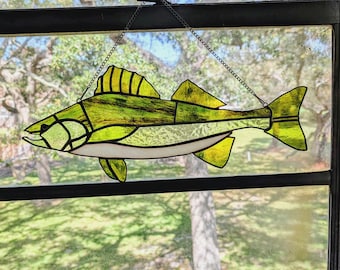 Walleye Fish Stained Glass Wall Decor, Freshwater Fishing, Lake or Cabin(18W x 8H)