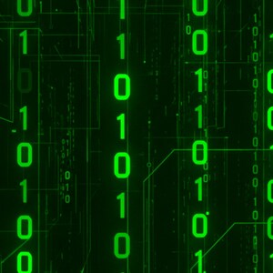 May include: A digital display featuring a vertical stream of glowing green binary code consisting of zeros and ones. The background is dark and includes faint, thin lines resembling a circuit board pattern integrated with the falling numbers.
