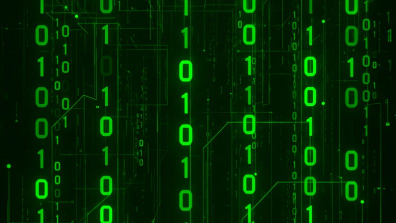 May include: A digital display featuring a vertical stream of glowing green binary code consisting of zeros and ones. The background is dark and includes faint, thin lines resembling a circuit board pattern integrated with the falling numbers.