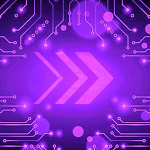 May include: A digital graphic featuring a vibrant purple background with a complex network of interconnected circuit board lines and glowing nodes. In the center, three bold, stylized chevrons point toward the right side of the frame.